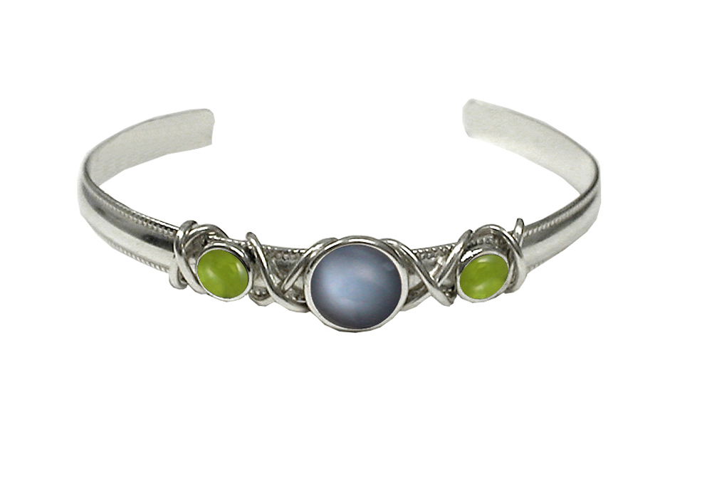 Sterling Silver Hand Made Cuff Bracelet With Grey Moonstone And Peridot